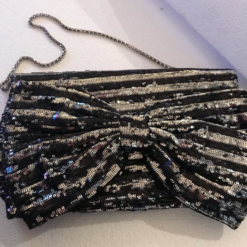 Betsey Johnson large black silver sequin bow purse clutch vintage cocktail club